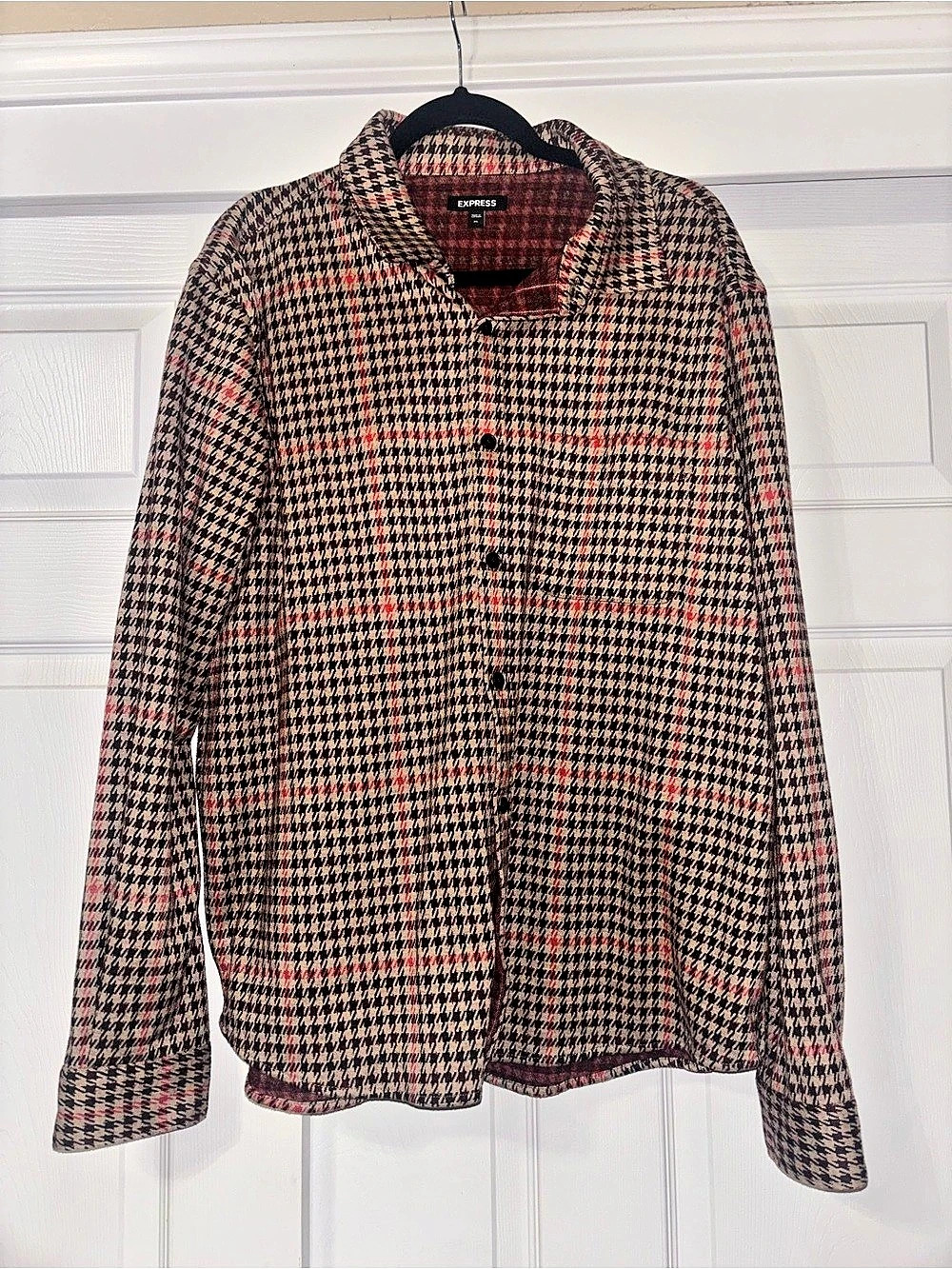Express Houndstooth Plaid Sweater Flannel Shirt Black & Red XL